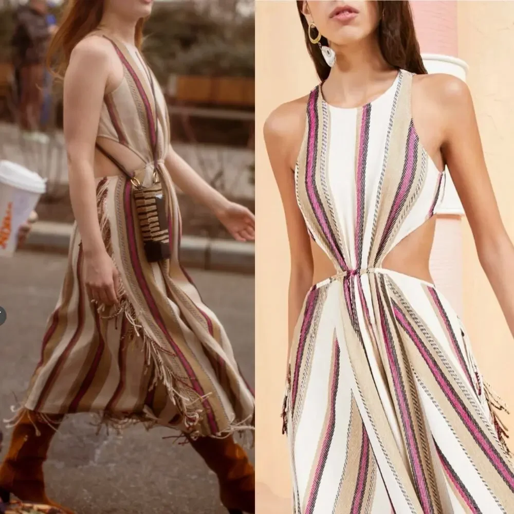 Ulla Johnson Caterina Maxi Dress Cream Linen Striped Cut Out Fringe Boho Size 6 - Picture 2 of 16